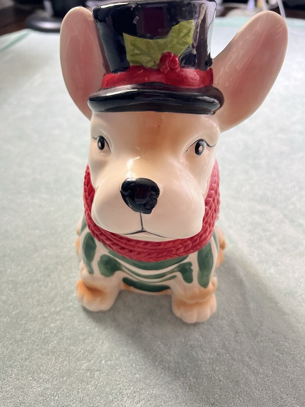 Christmas French Bulldog Ceramic Cookie Jar Treats 9” Holiday Figurine